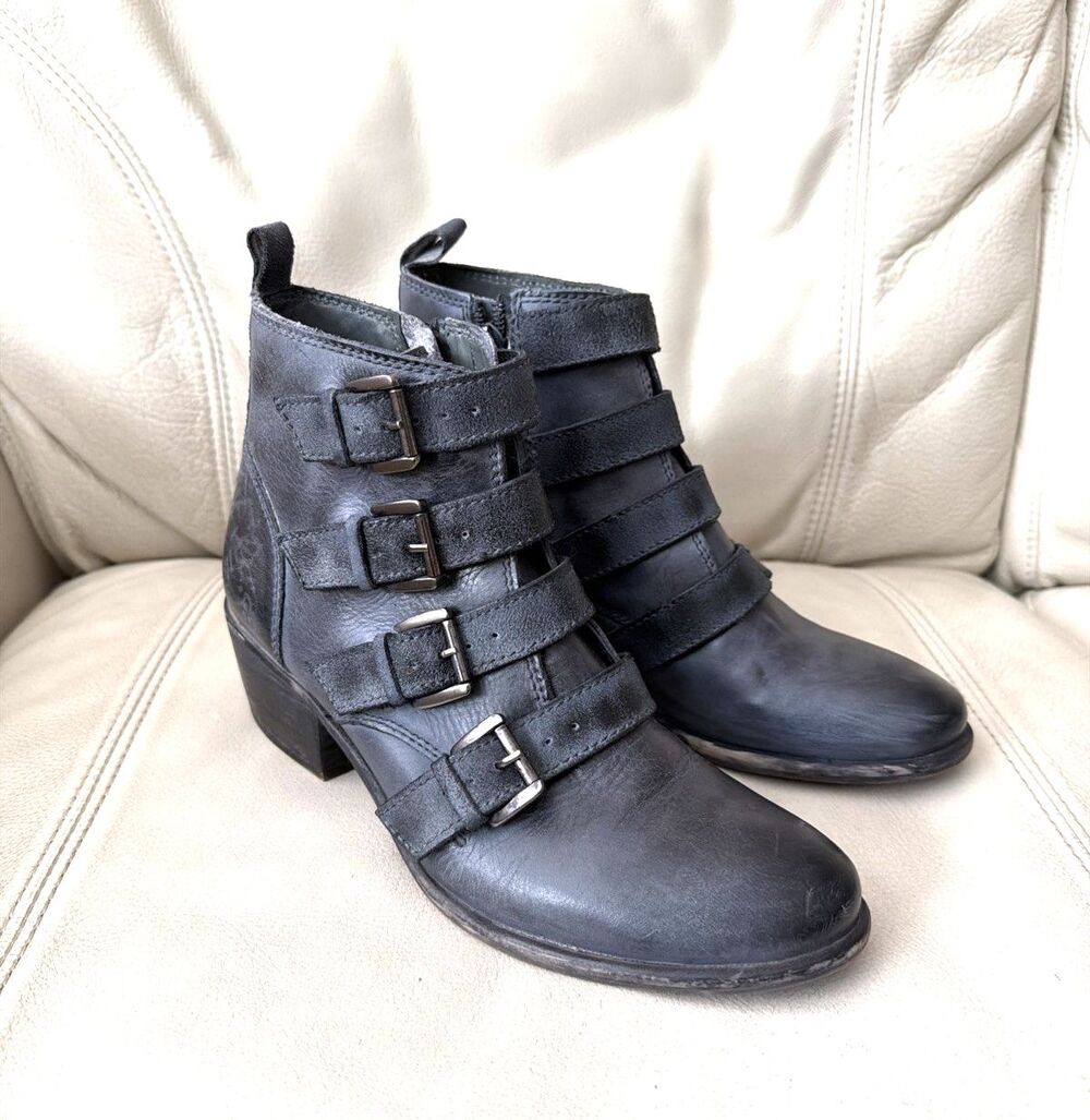 Roan by Bed Stu Womens Leather Boots Size 8 Disstressed Moto Biker Buckle Gray